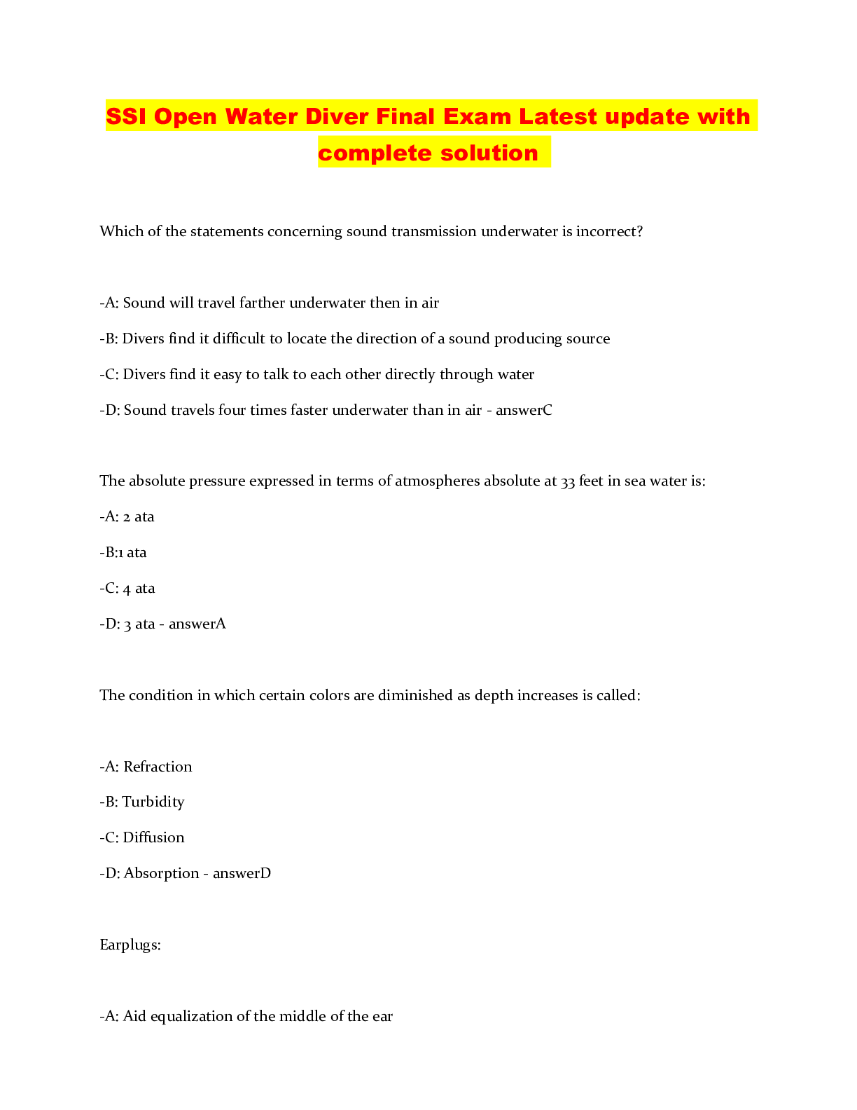 Preview of SSI Open Water Diver Final Exam Latest update with complete solution